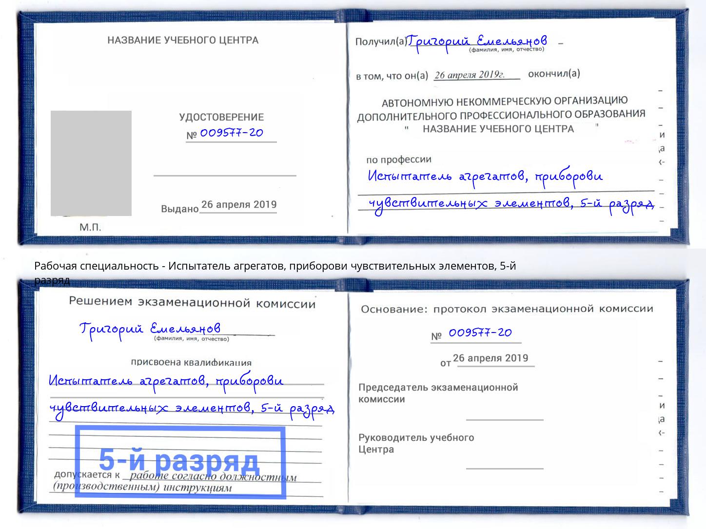 корочка 5-й разряд Испытатель агрегатов, приборови чувствительных элементов Чернушка