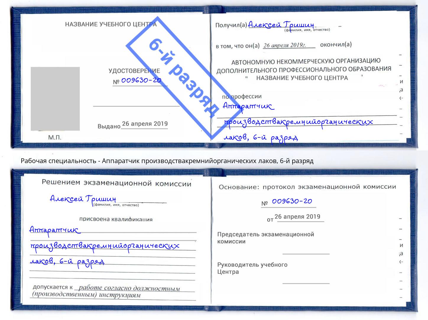 корочка 6-й разряд Аппаратчик производствакремнийорганических лаков Чернушка