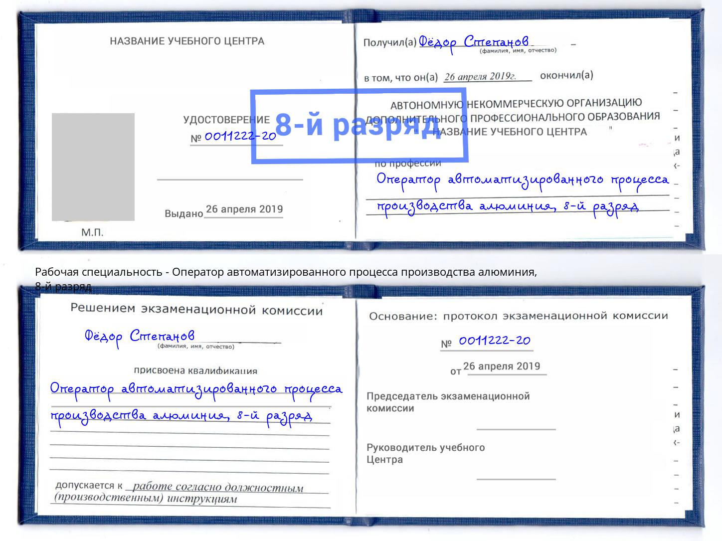 корочка 8-й разряд Оператор автоматизированного процесса производства алюминия Чернушка